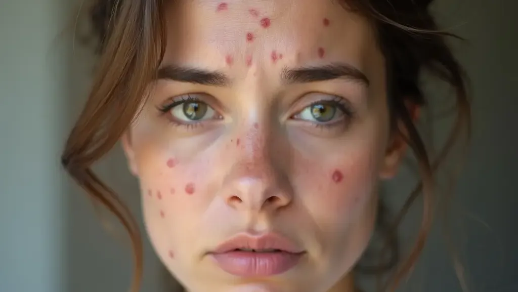 Jeune femme avec des boutons de stress sur le front et les joues